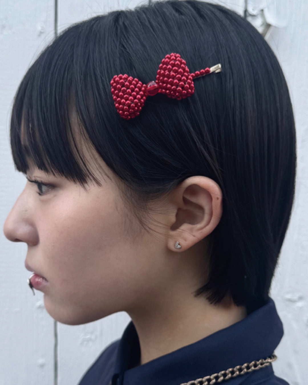 RED BEAD RIBBON HAIR PIN