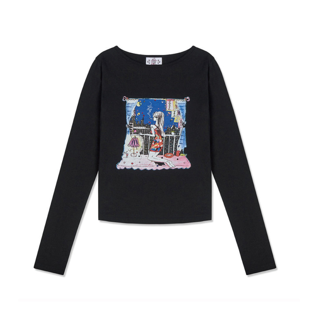 LOVE CITY BOAT NECK T-SHIRT｜BLACK