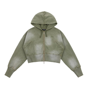 CROPPED ZIP HOODIE｜GREEN WASHED