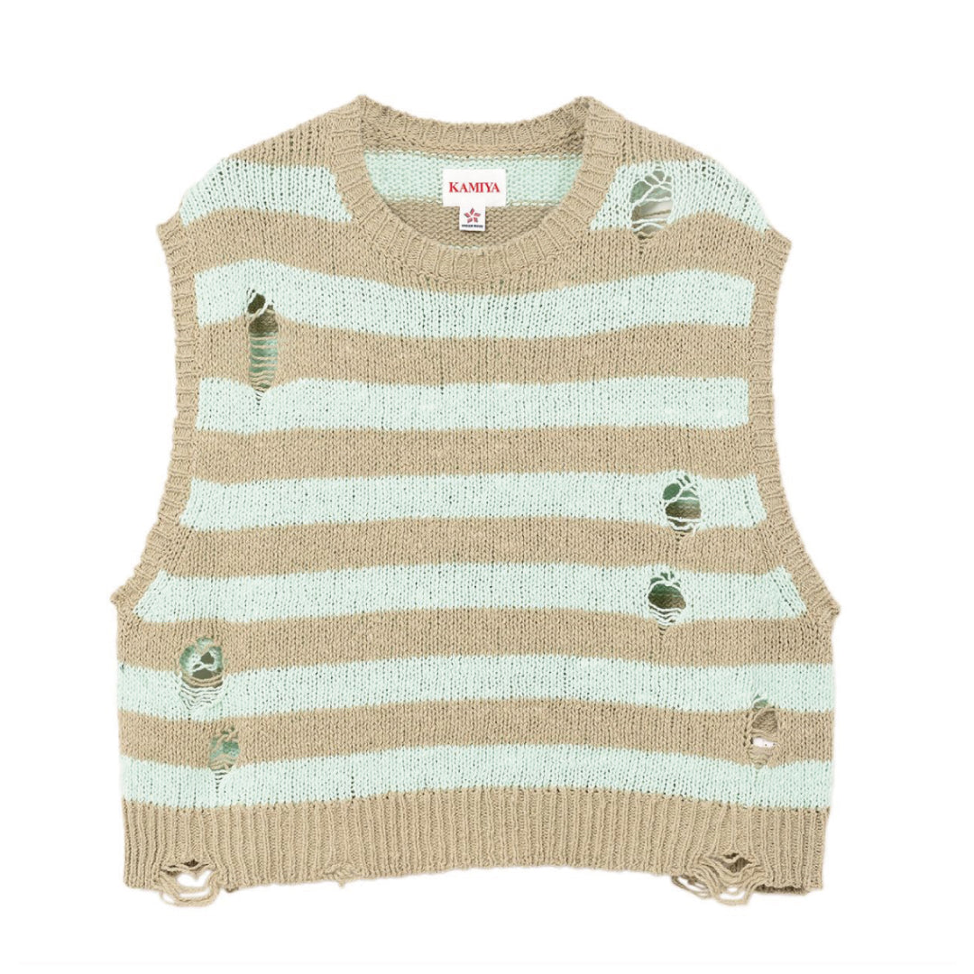 DISTRESSED BORDER KNIT VEST｜GREEN