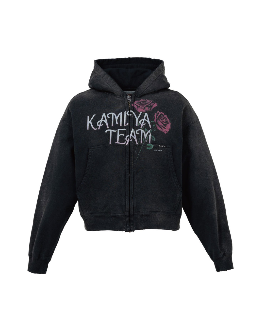 "ROSE" DISTRESSED DISTRESSED ZIP-UP SHORT HOODIE｜BLACK