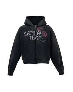 "ROSE" DISTRESSED DISTRESSED ZIP-UP SHORT HOODIE｜BLACK