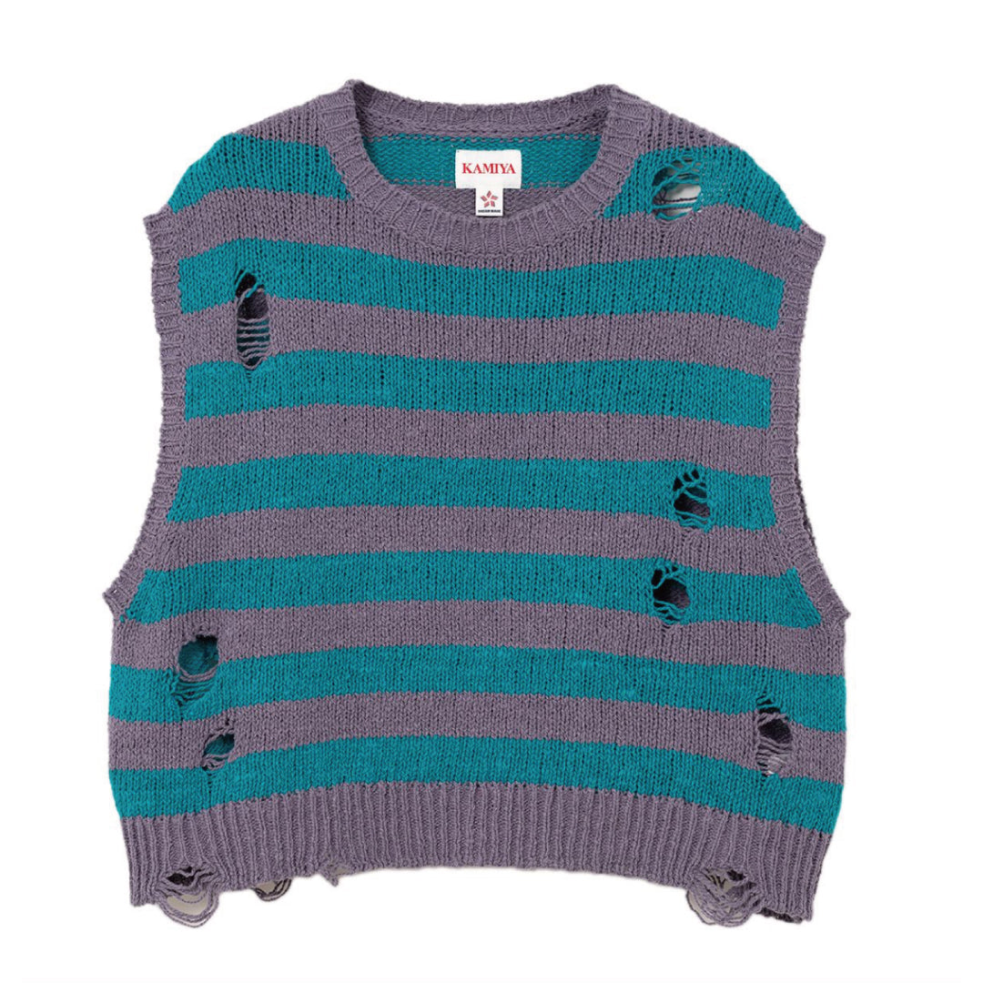 DISTRESSED BORDER KNIT VEST｜PURPLE