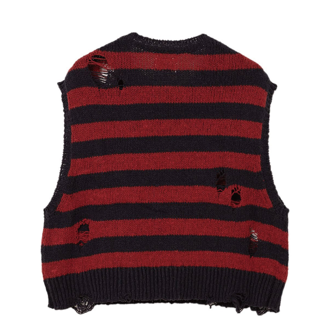 DISTRESSED BORDER KNIT VEST｜RED