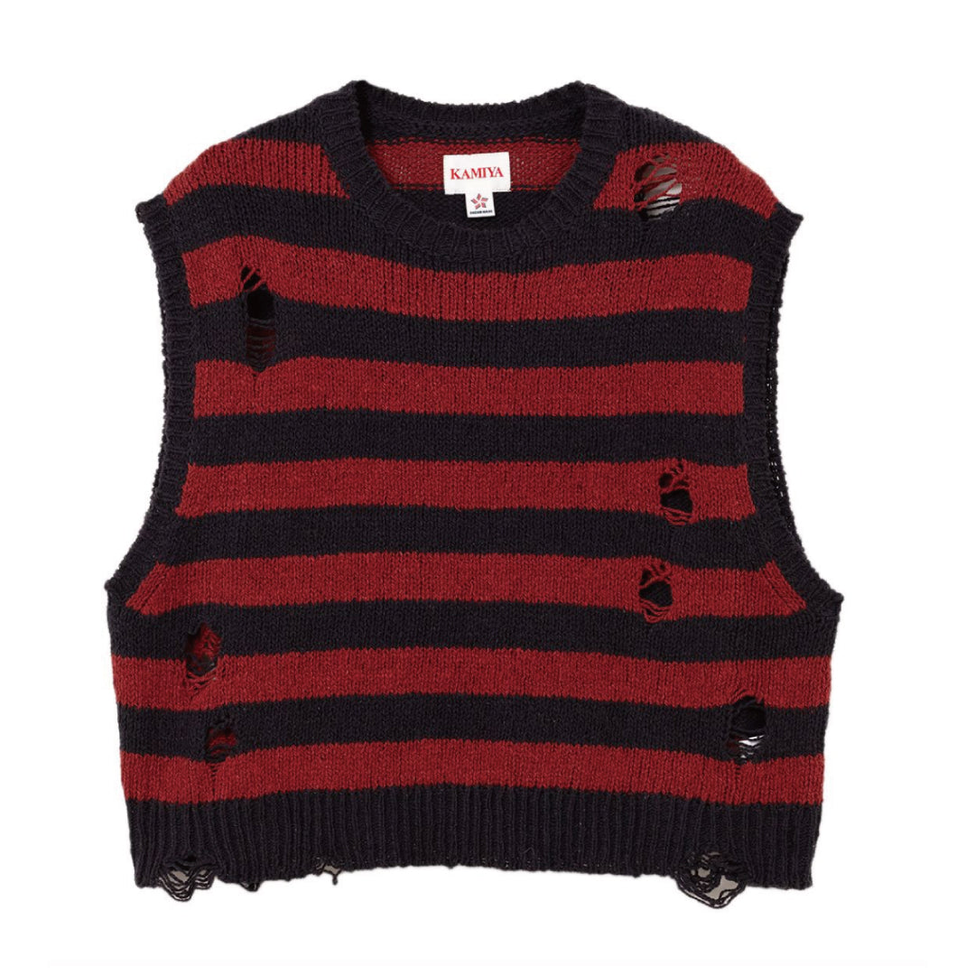 DISTRESSED BORDER KNIT VEST｜RED