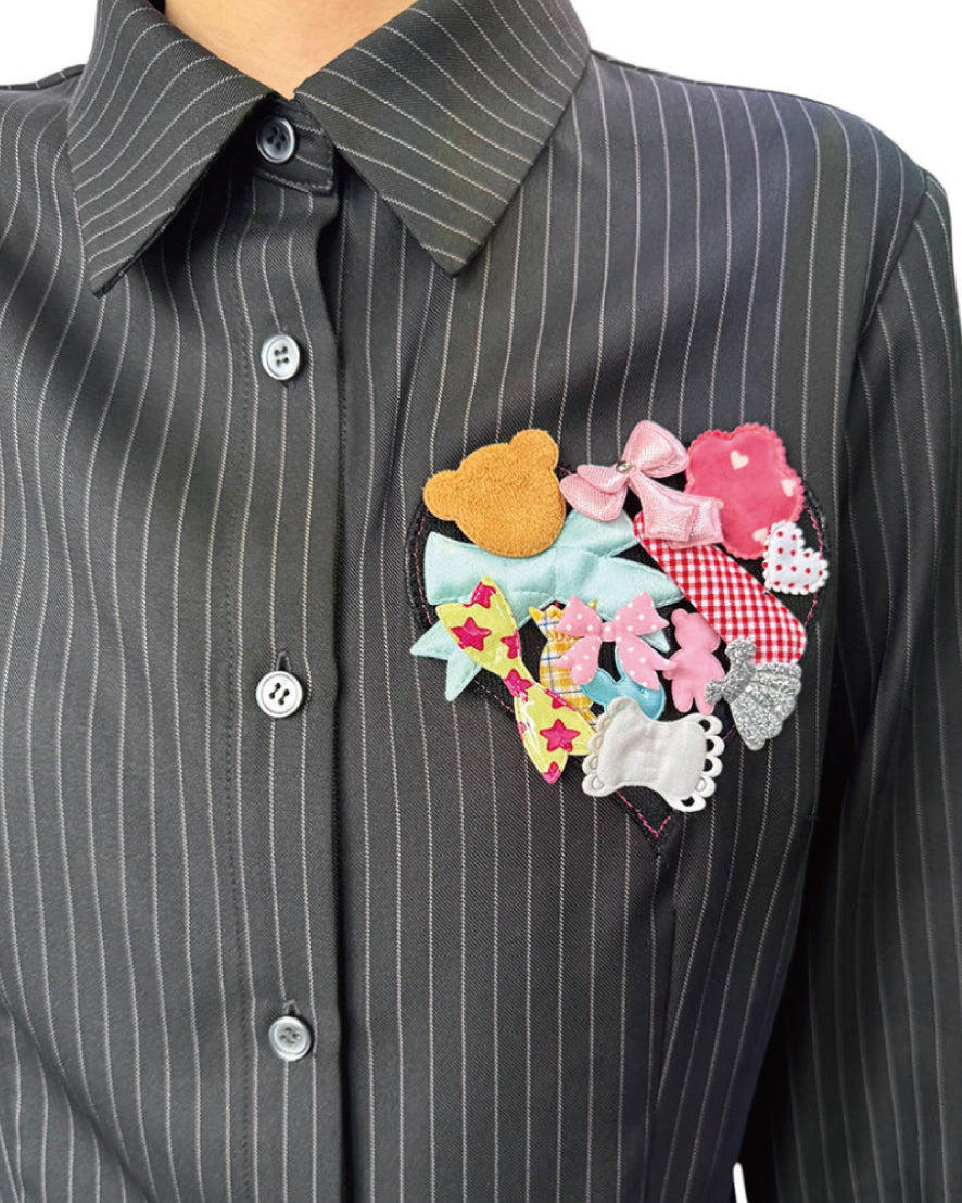 HEART VELCRO STRIPE SHIRT｜GRAY