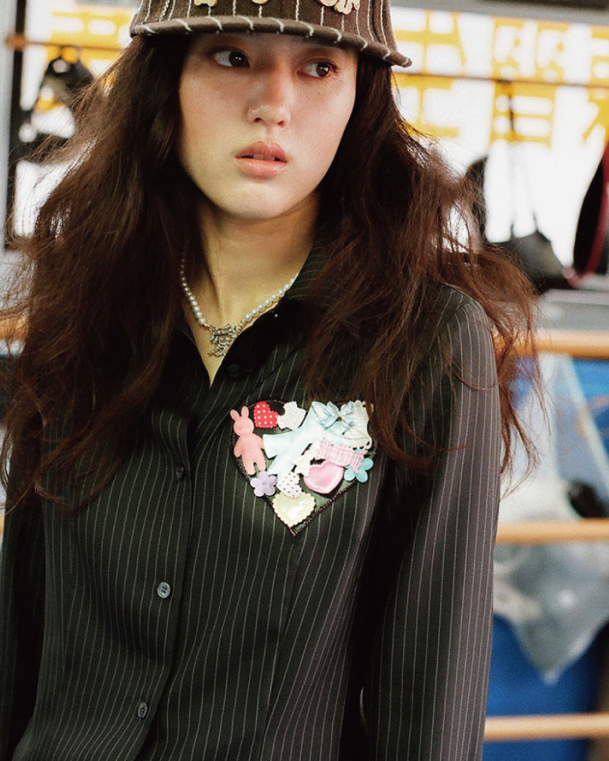 HEART VELCRO STRIPE SHIRT｜GRAY