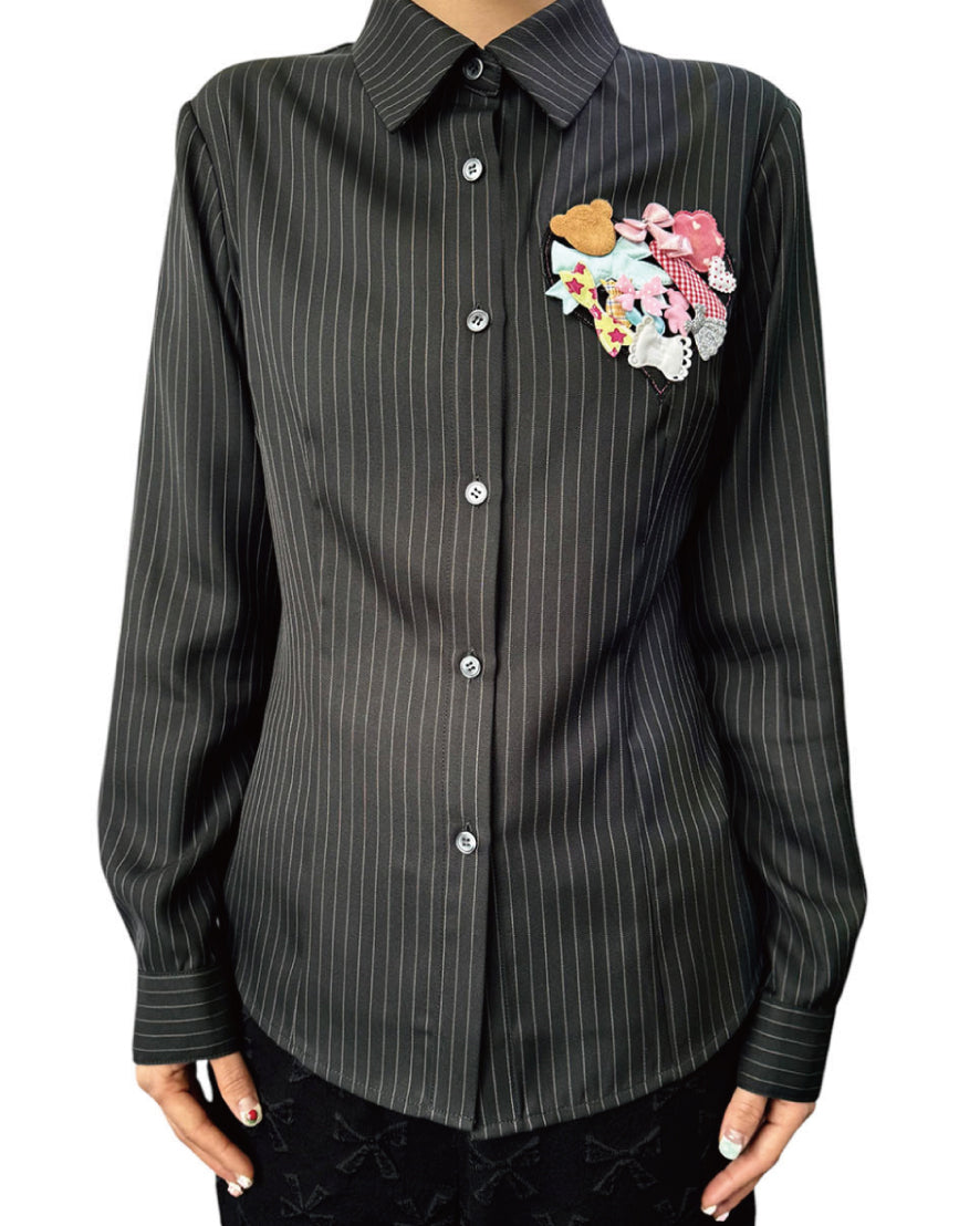 HEART VELCRO STRIPE SHIRT｜GRAY