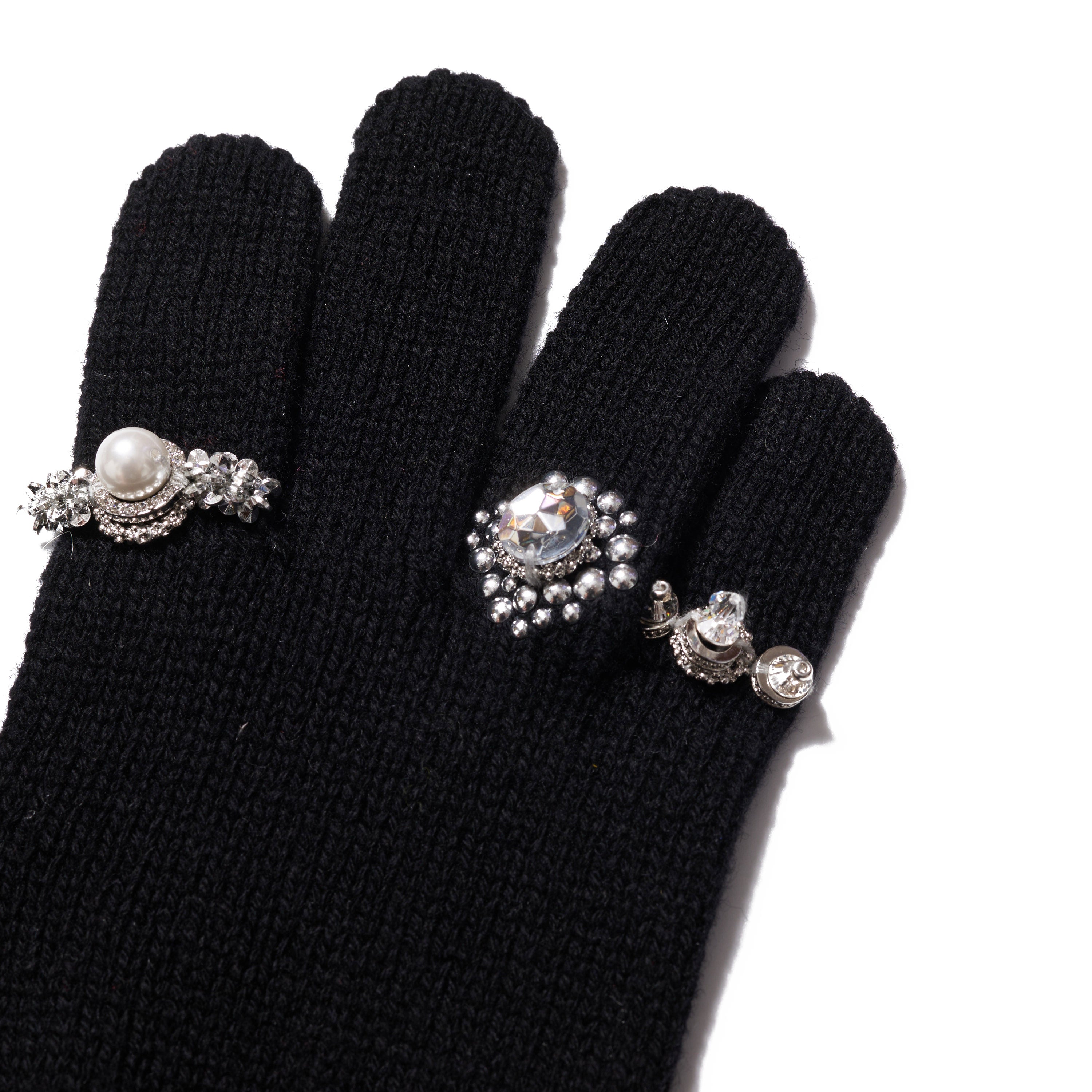 LONG KNIT GLOVES WITH RINGS｜BLACK