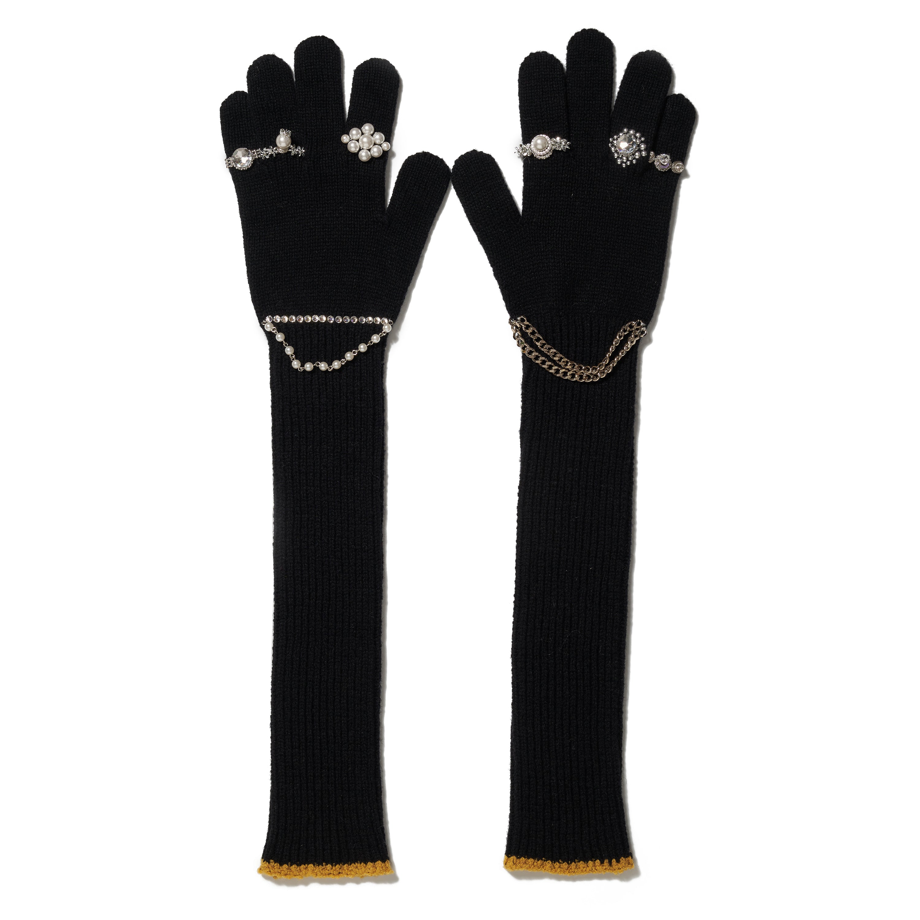 LONG KNIT GLOVES WITH RINGS｜BLACK