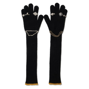 LONG KNIT GLOVES WITH RINGS｜BLACK
