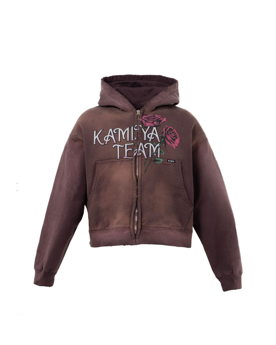 "ROSE" DISTRESSED DISTRESSED ZIP-UP SHORT HOODIE｜BROWN