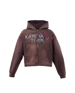"ROSE" DISTRESSED DISTRESSED ZIP-UP SHORT HOODIE｜BROWN