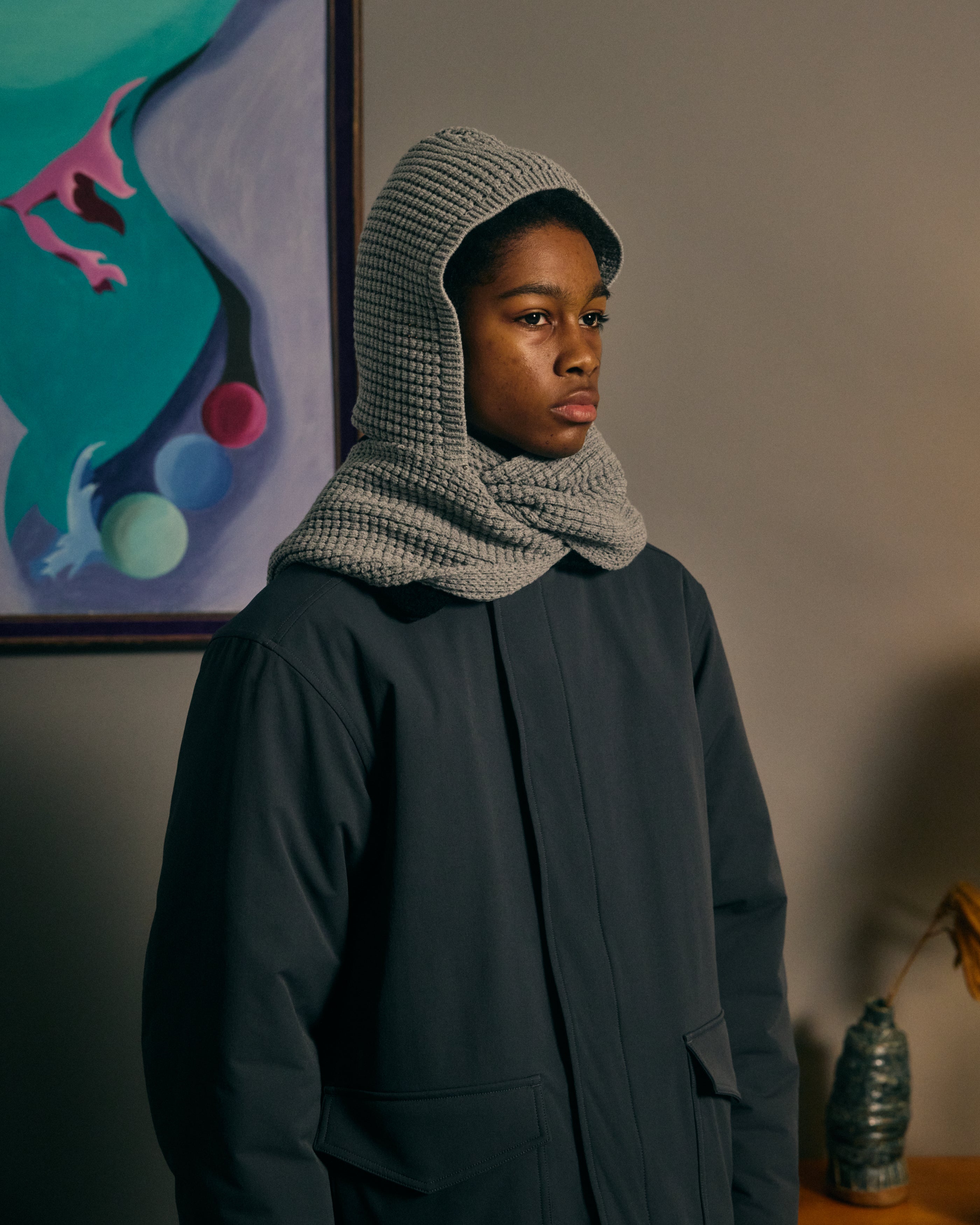 WAFFLE HOOD SCARF｜GREY