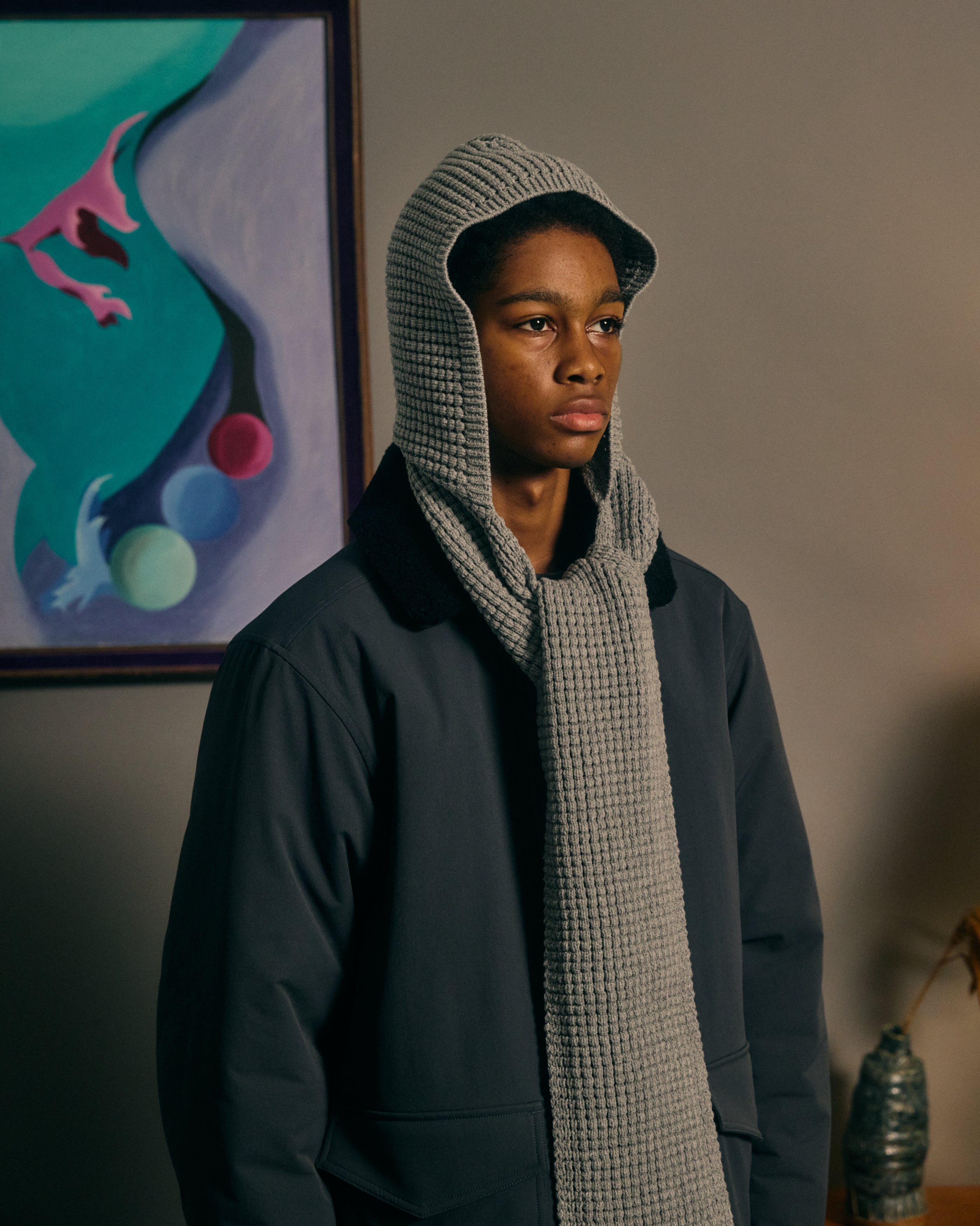 WAFFLE HOOD SCARF｜GREY